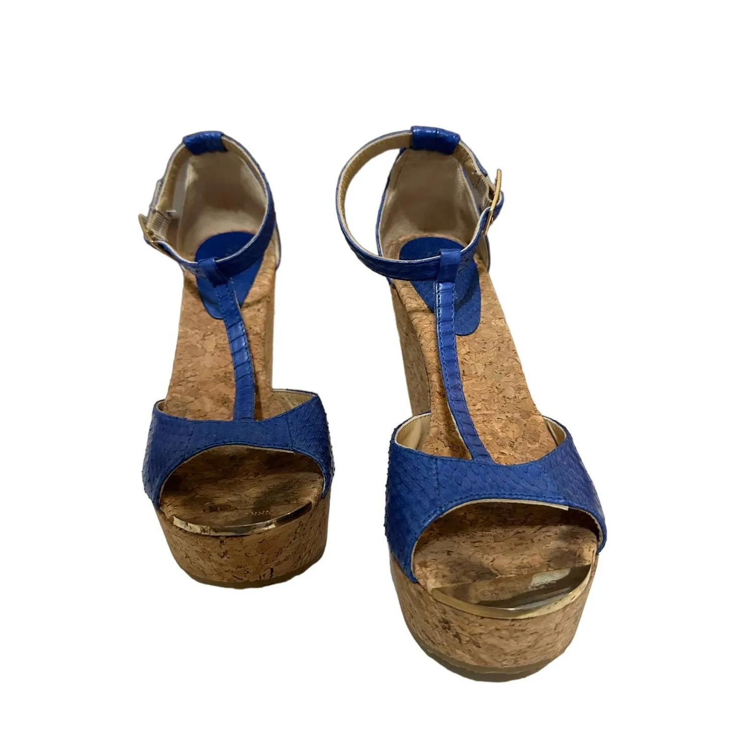 Jimmy Choo Women's Pela Blue Python Leather‎ Cork Wedge Sandals size 38 - Image 3
