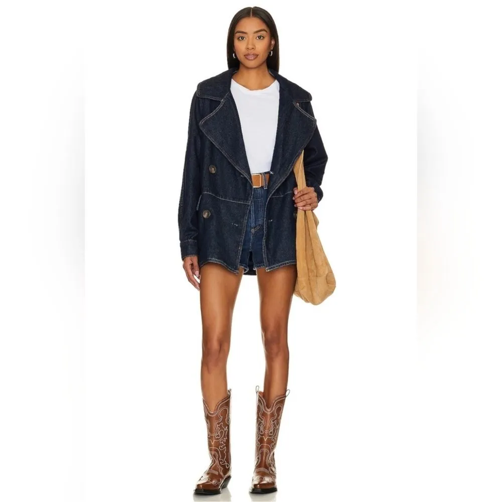 Free People Denim Car Coat L Contrast Stitch Big Buttons Slouchy preppy boho - Image 4