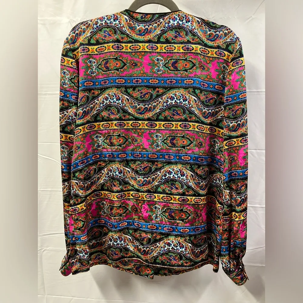 Maggie London Vintage Button Up Madarin Collar 100% silk Floral Blouse Boho 10 - Image 11