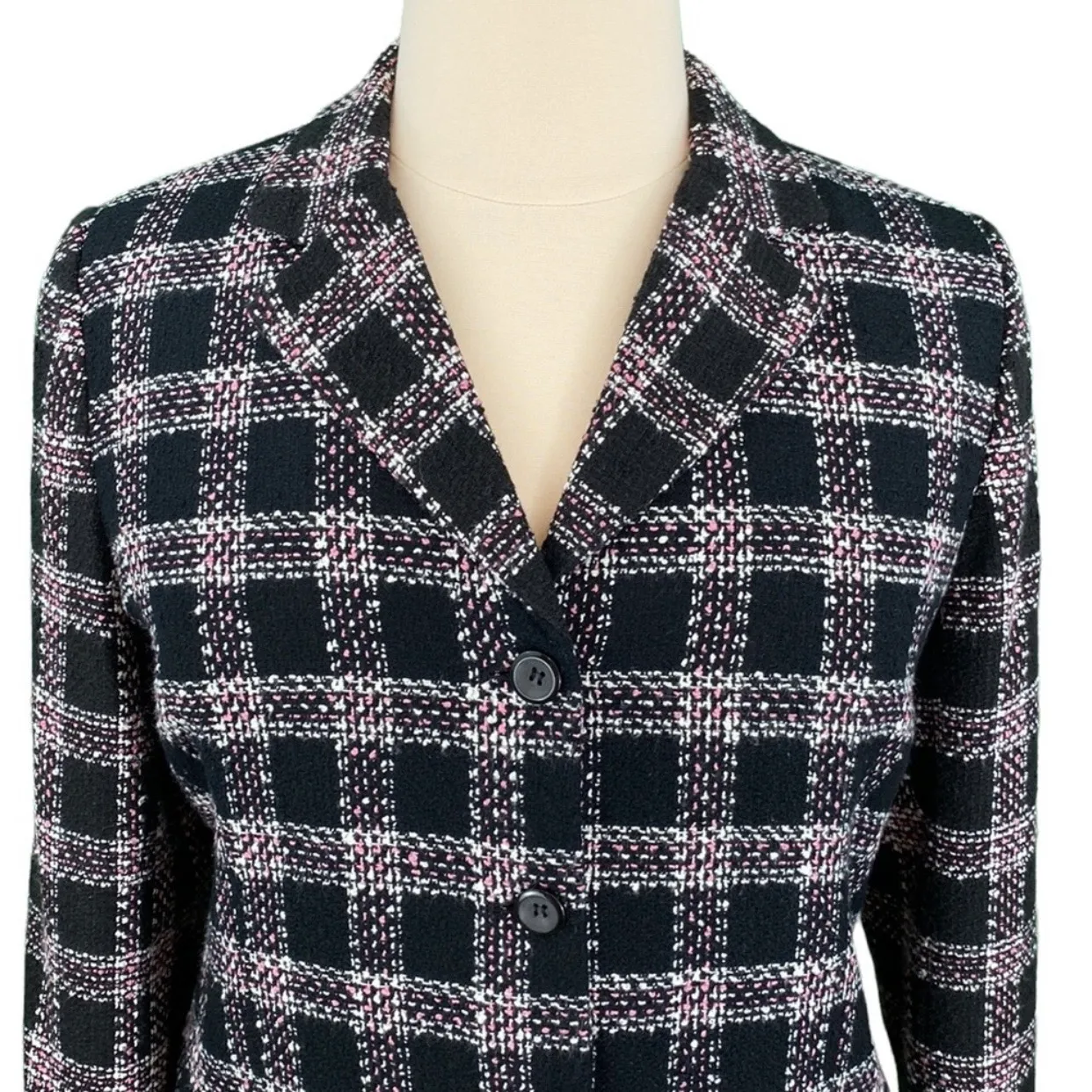 Petite Classic Black & Pink Plaid Tweed Jacket - Image 2