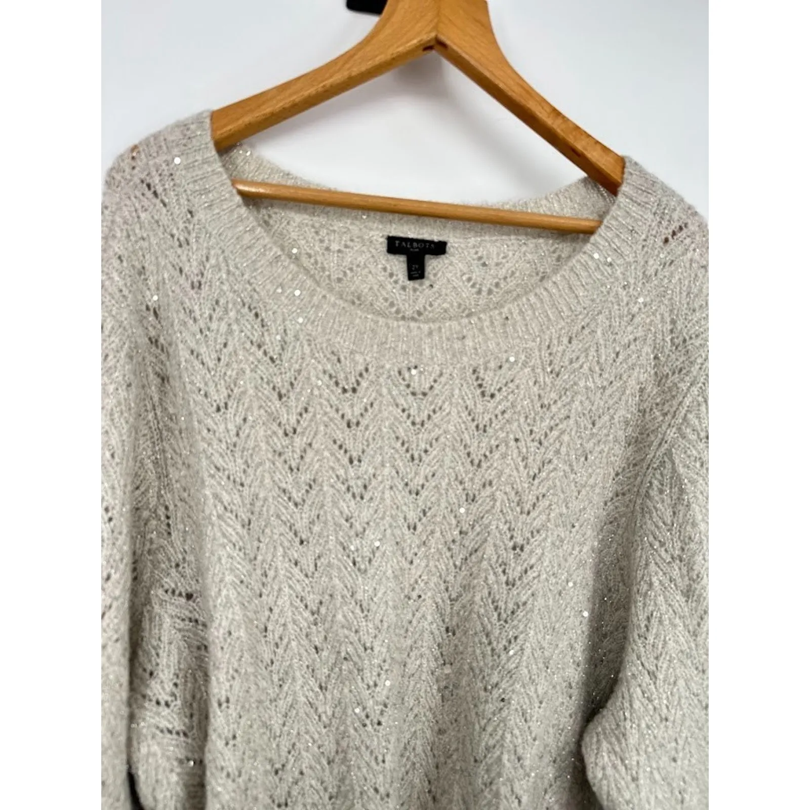 Talbots Open Knit Sweater Ivory Womens 2X Sparkle Sequin Party Neutral Holiday - Image 2