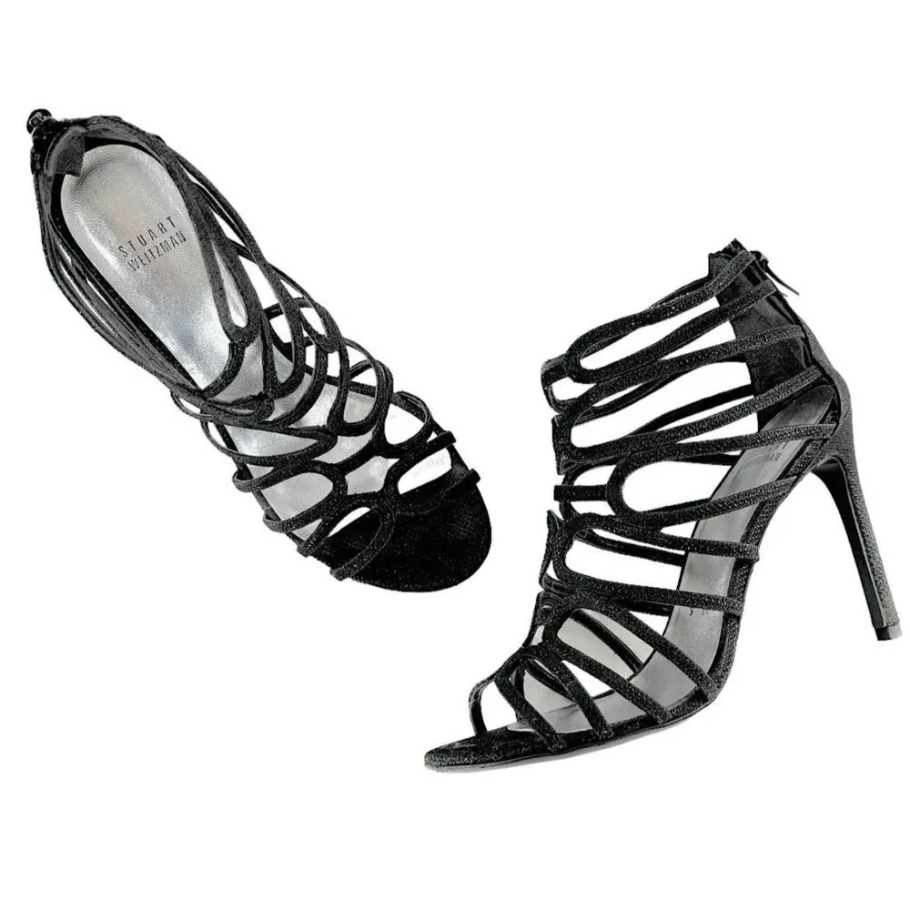 STUART WEITZMAN Loopdeloop Black Glitter Leather Caged Sandals Heels Size 9 - Image 2