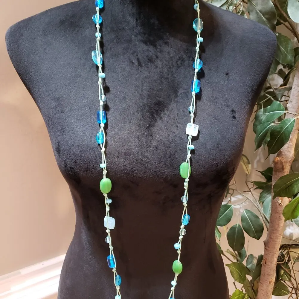 Womens Fashion Tribe Charming Multi Glass Beaded Cord Long Necklace Jewelry Blue - Image 3