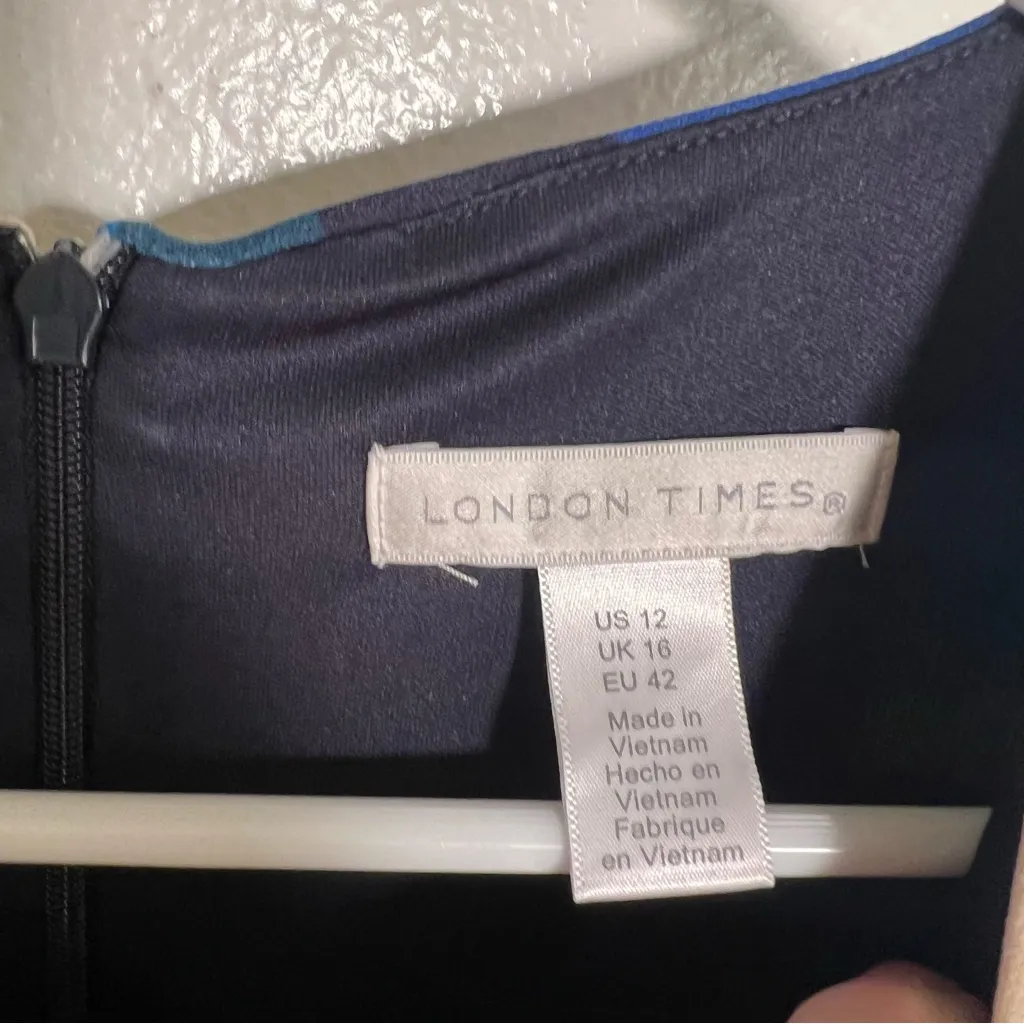 London Times Sleeveless Fluted Sheath Dress with Belt Blue Polka Dots 12 - Image 11