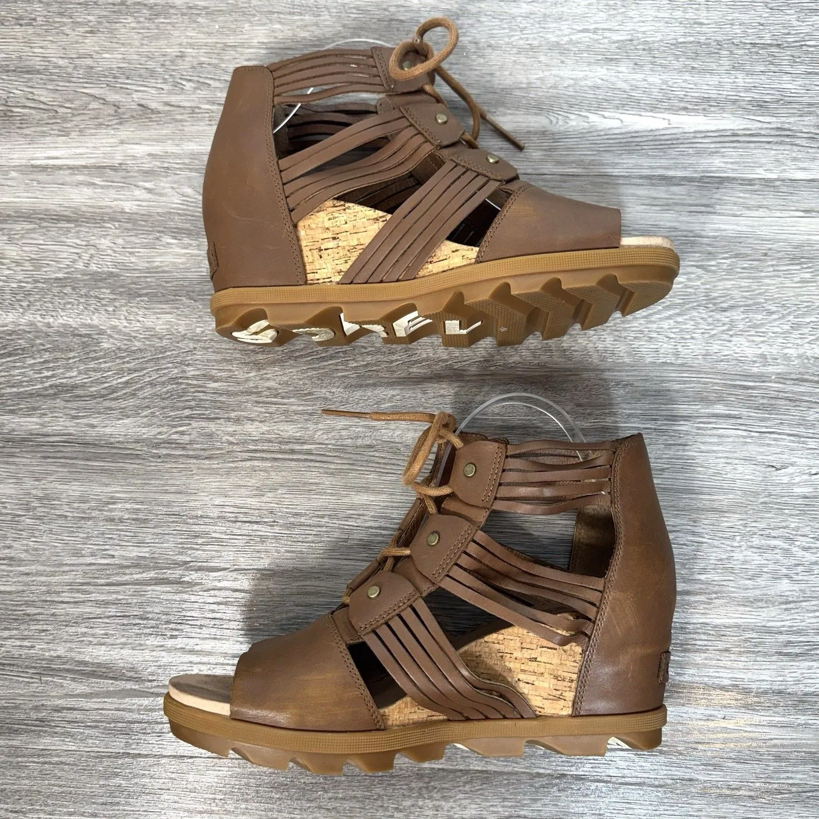 Sorel Joanie II Lace Huarache Wedge Sandal Size 10.5 Brown Leather Strappy - Image 2
