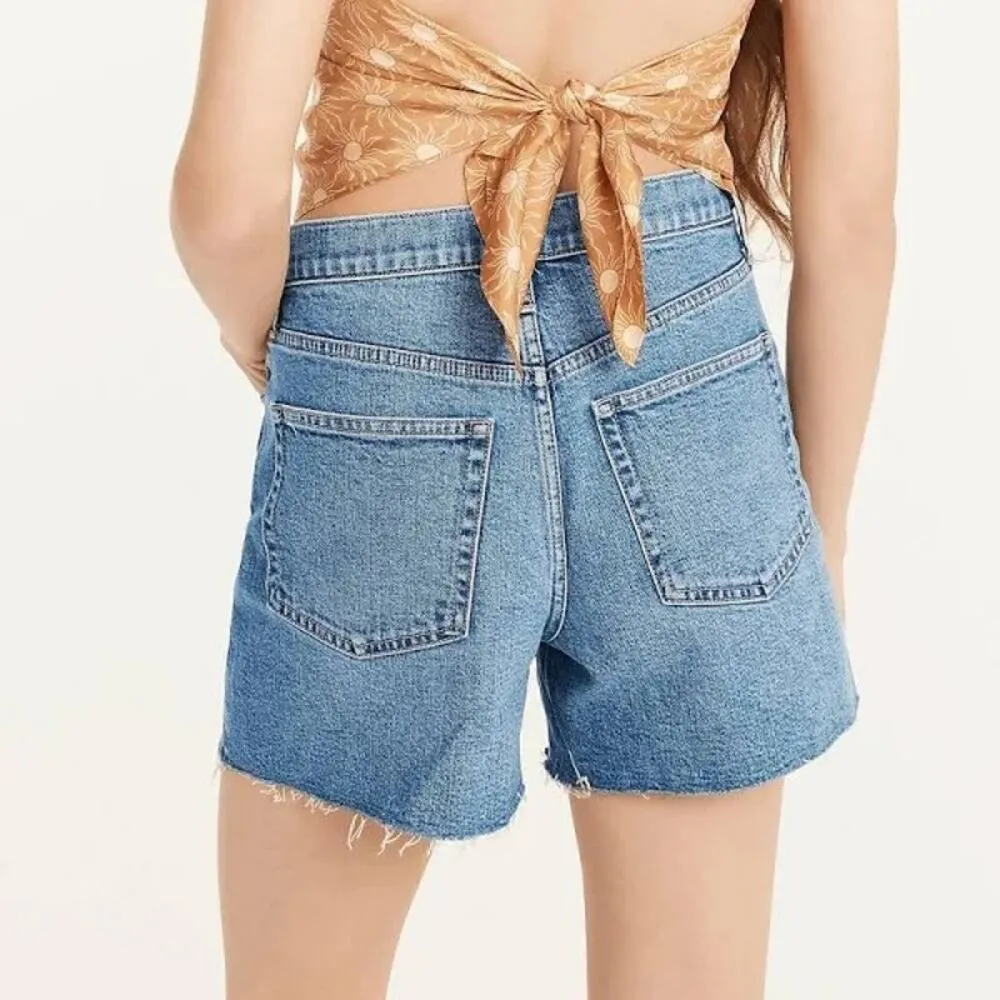 NWT J.Crew Cutoff Mid Length Jean Shorts Mid Rise Raw Hem 24 Dark Blue Wash - Image 4