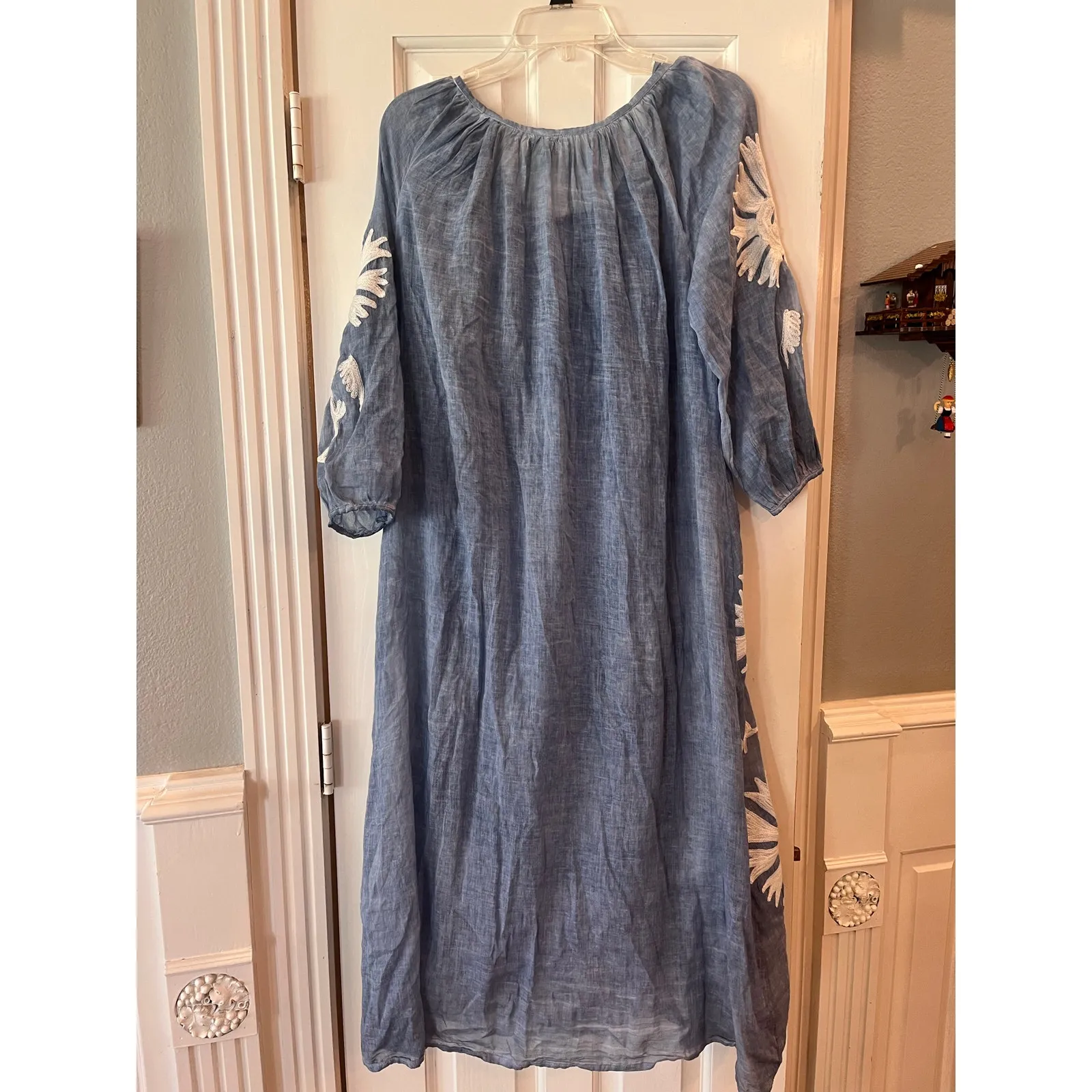 Dolma Cotton Floral Tunic Shift Maxi Dress Botanical Boho Hippie Coastal Sheer Blue Size undefined - Image 3