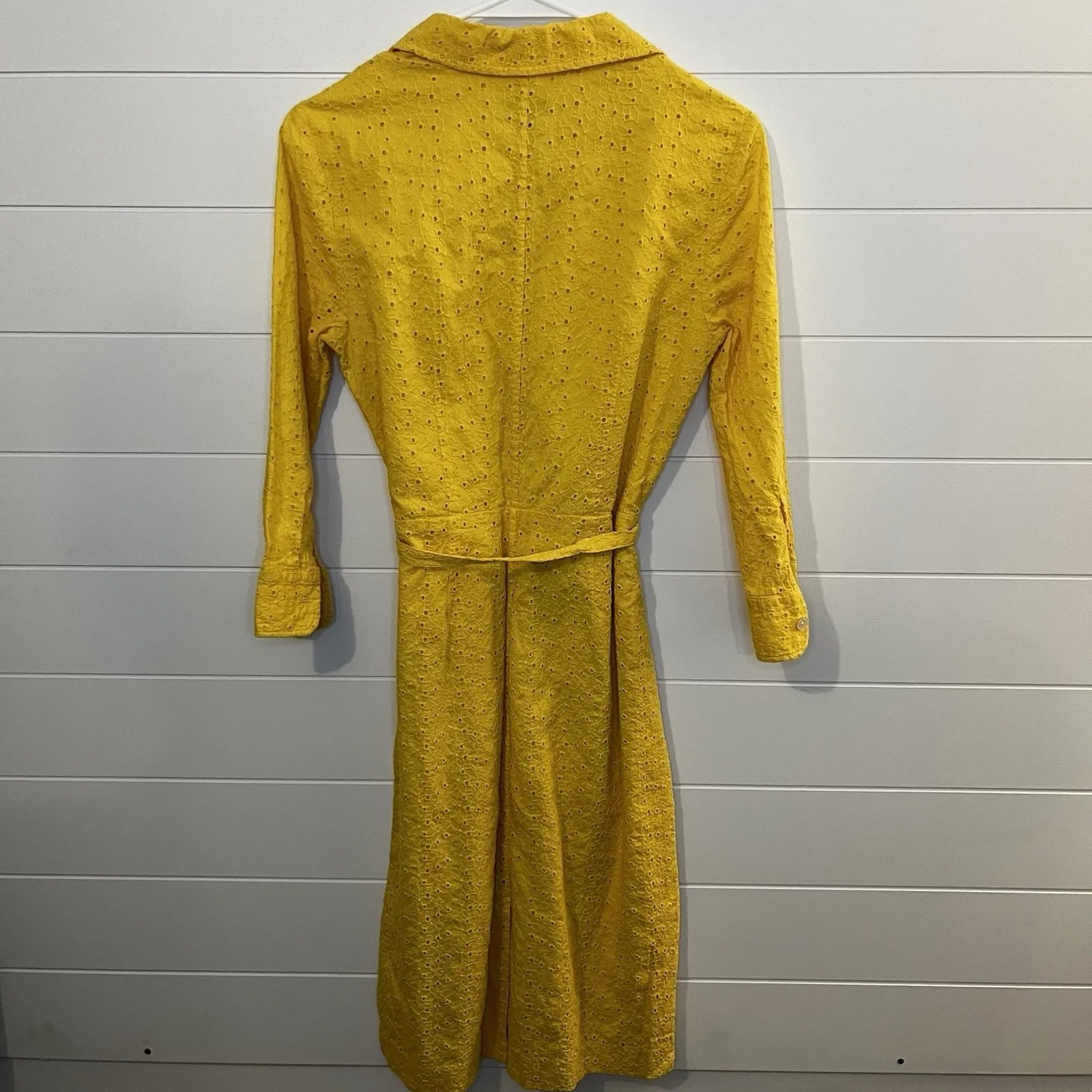TALBOTS Yellow Embroidered Eyelet Cotton Shirt Waist Belted Dress Size 6 - Image 12