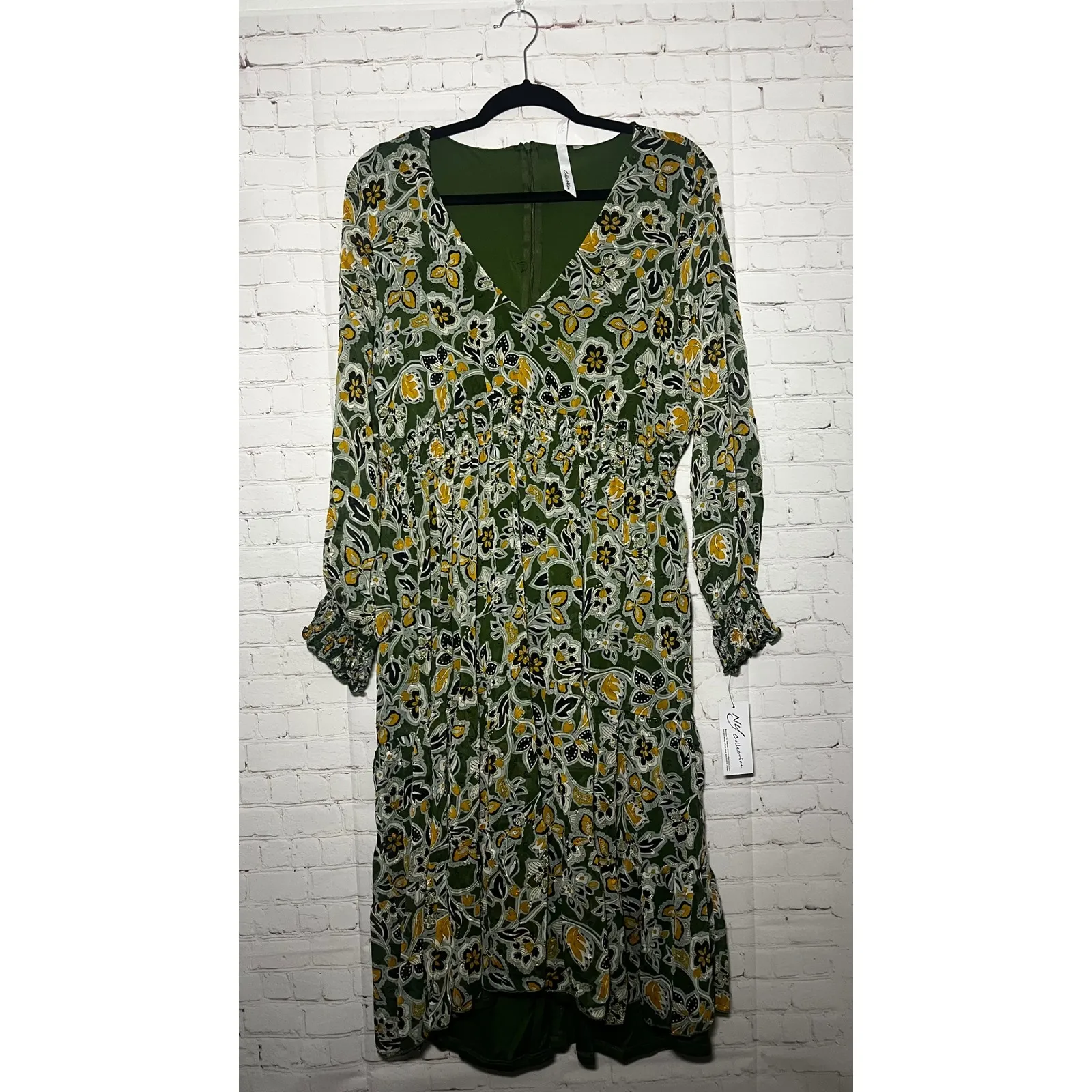 NY Collection Women's Green Floral Print Long Sleeve Midi Dress XL - Image 2