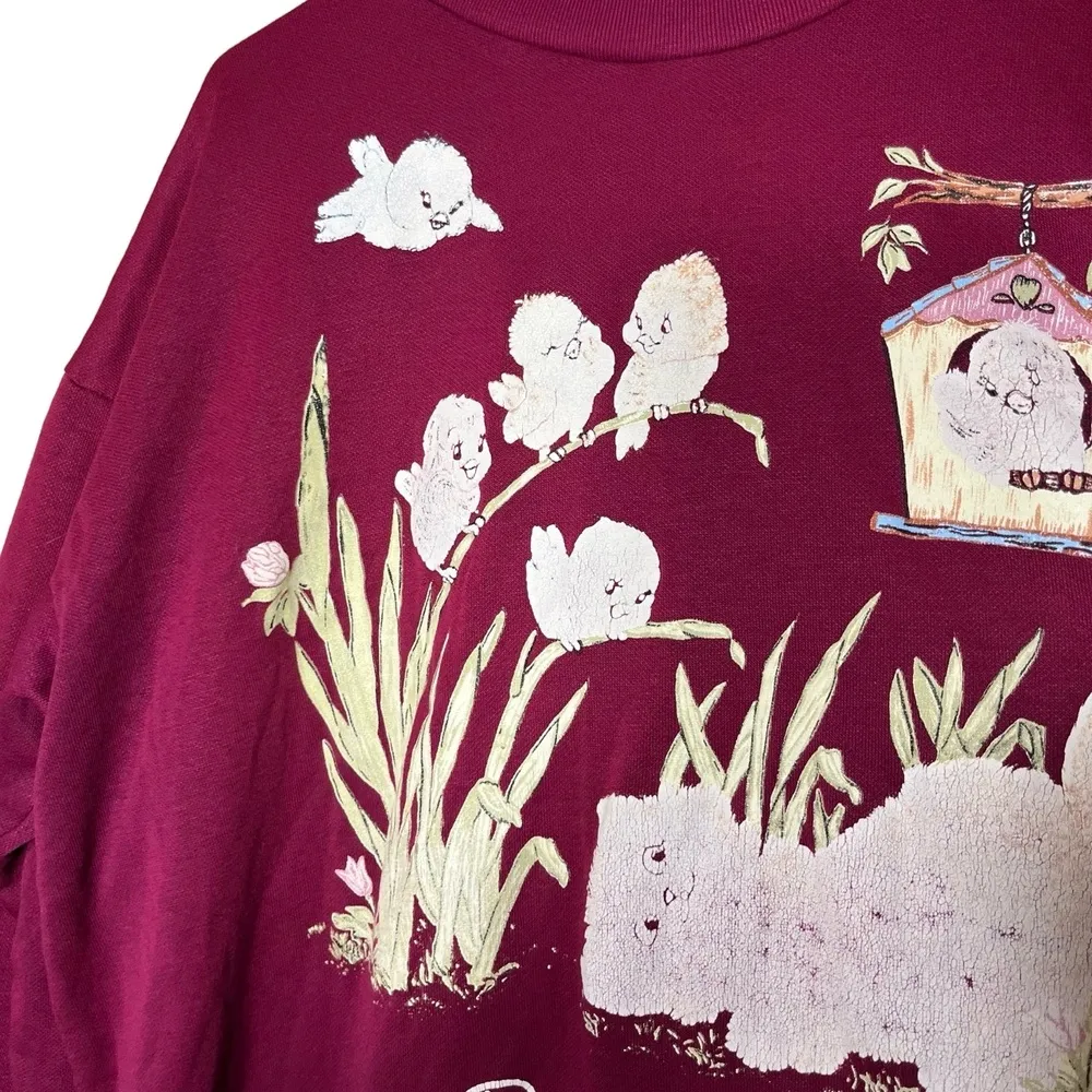 Vintage Basic Editions Burgundy Graphic Bird Watcher Crewneck Sweatshirt 2X Red - Image 5