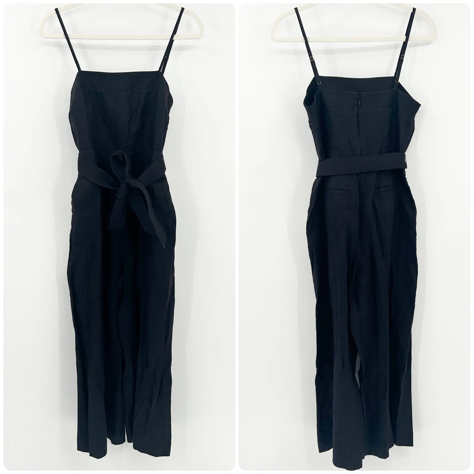 J. Crew Womens Beachy‎ Linen Blend Cropped Wide Leg Belted Jumpsuit Size 4 Black - Image 3