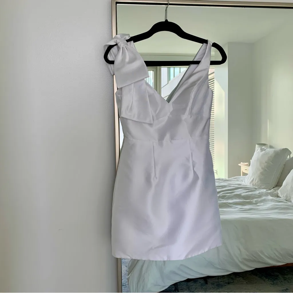 Dessy Collection White Mini Dress with Shoulder Bow 3168 - Image 2