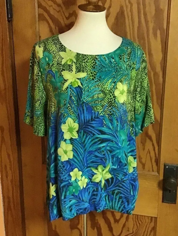 Vintage 80s bright snakeskin & Hawaiian tropical flowers tunic top Green Size M - Image 2