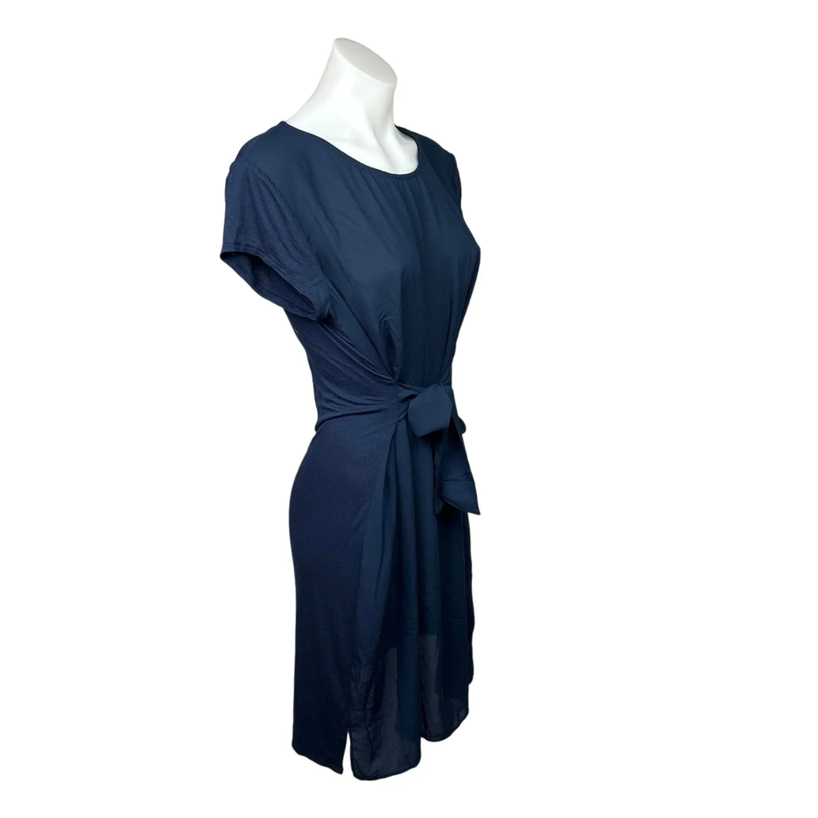 Halston Navy Blue Belted Tie Waist Cap Sleeve Stretch Midi Sheath Dress Size M Size M - Image 2