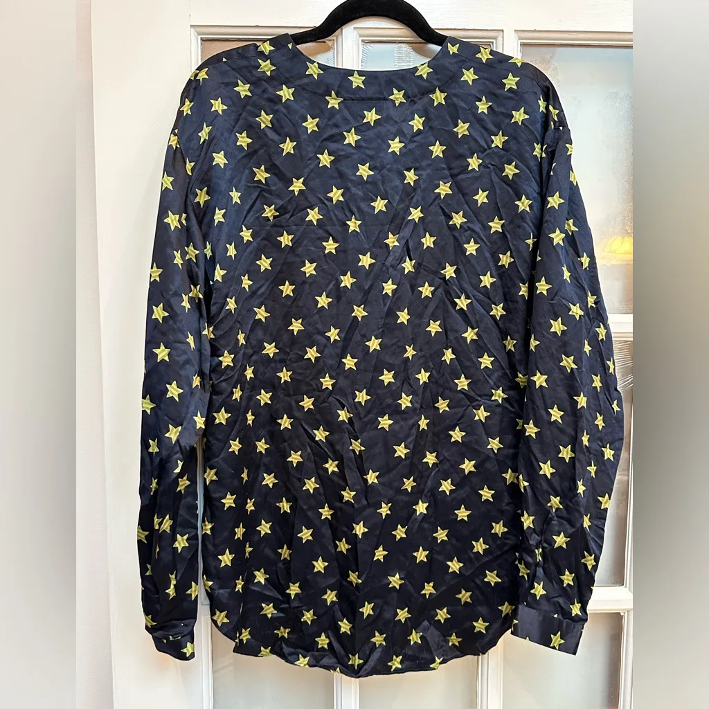 Vintage Kasper A.S.L  80’s 100% Silk Navy and Yellow Star Print Blouse Size 8 M - Image 3