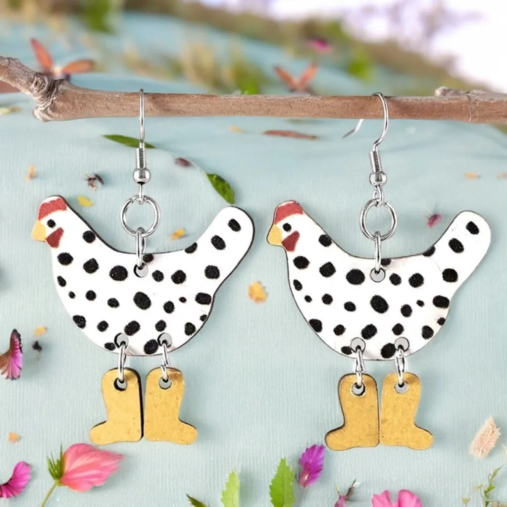 Hen boots design wooden dangle drop hook earrings‎ White - Image 3