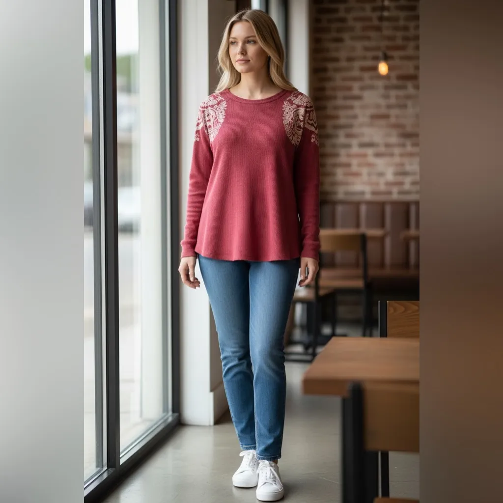 We The Free Waffle Knit Print Thermal Pullover Top - Image 7