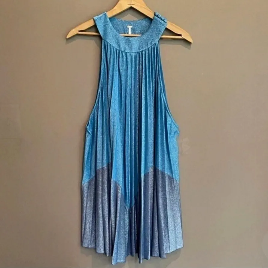 Free People Pleated Love Metallic Two- Tone Blue Mini Dress Size XL - Image 2