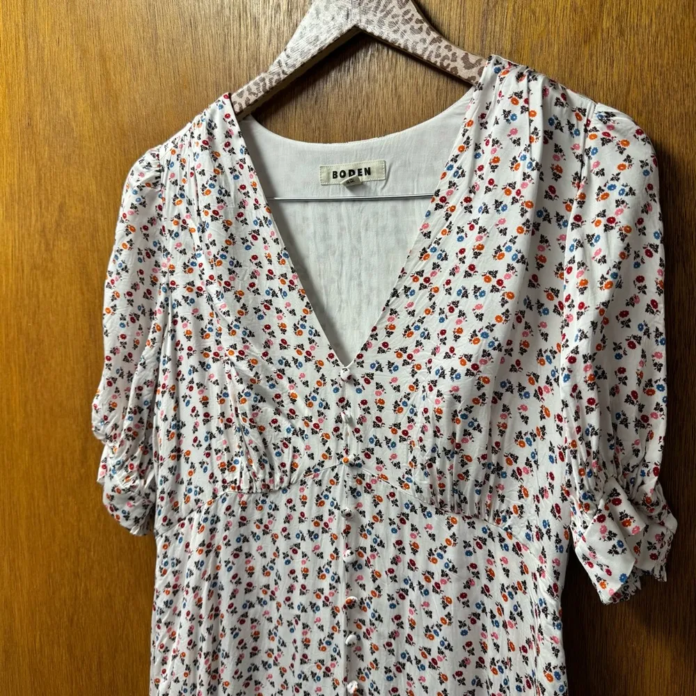 Boden Satin Tea Dress Short Puff Sleeve Mini Floral Ivory Sweet Daisy 12 L Tall White - Image 7