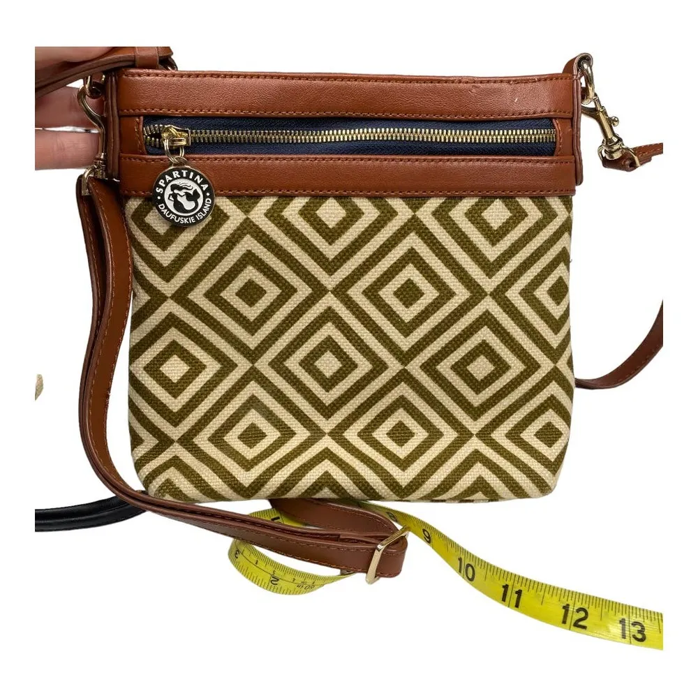 Spartina 449 Geometric Green/ Cream Leather and Linen Crossbody Bag with Wallet - Image 29