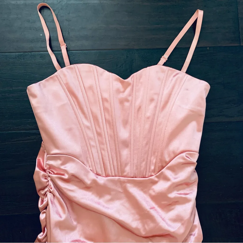 NWT LINJOU Rose Pink Satin/Silk Sweetheart Corset Ruched Wrap Bodycon Dress | L Size L - Image 3