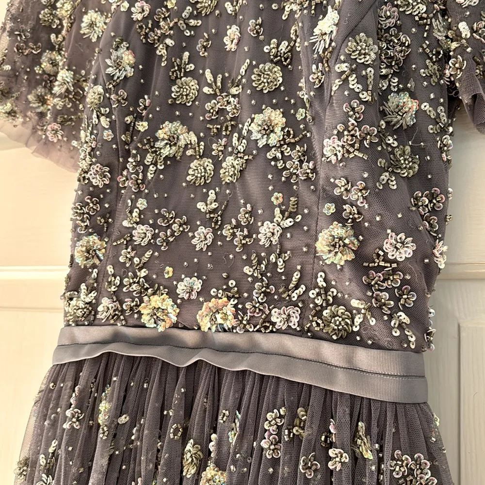 Needle & Thread Comet Midi Dress Size 2 XS Blue Gray Lavender Beaded Open Back - Image 8