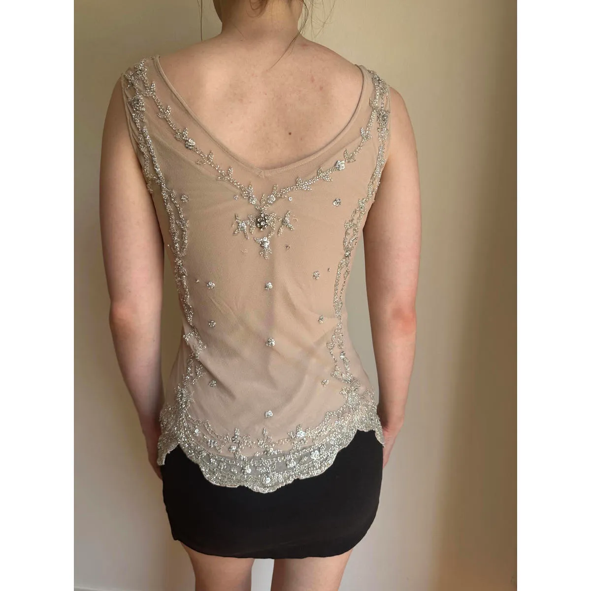 Nude Double Layer Slinky Beaded Sleeveless Top Tan - Image 3