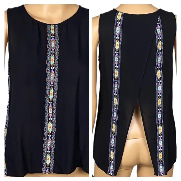 THML/ANTHROPOLOGIE black tank top with open back & southwestern stripes. XS. EUC - Image 2