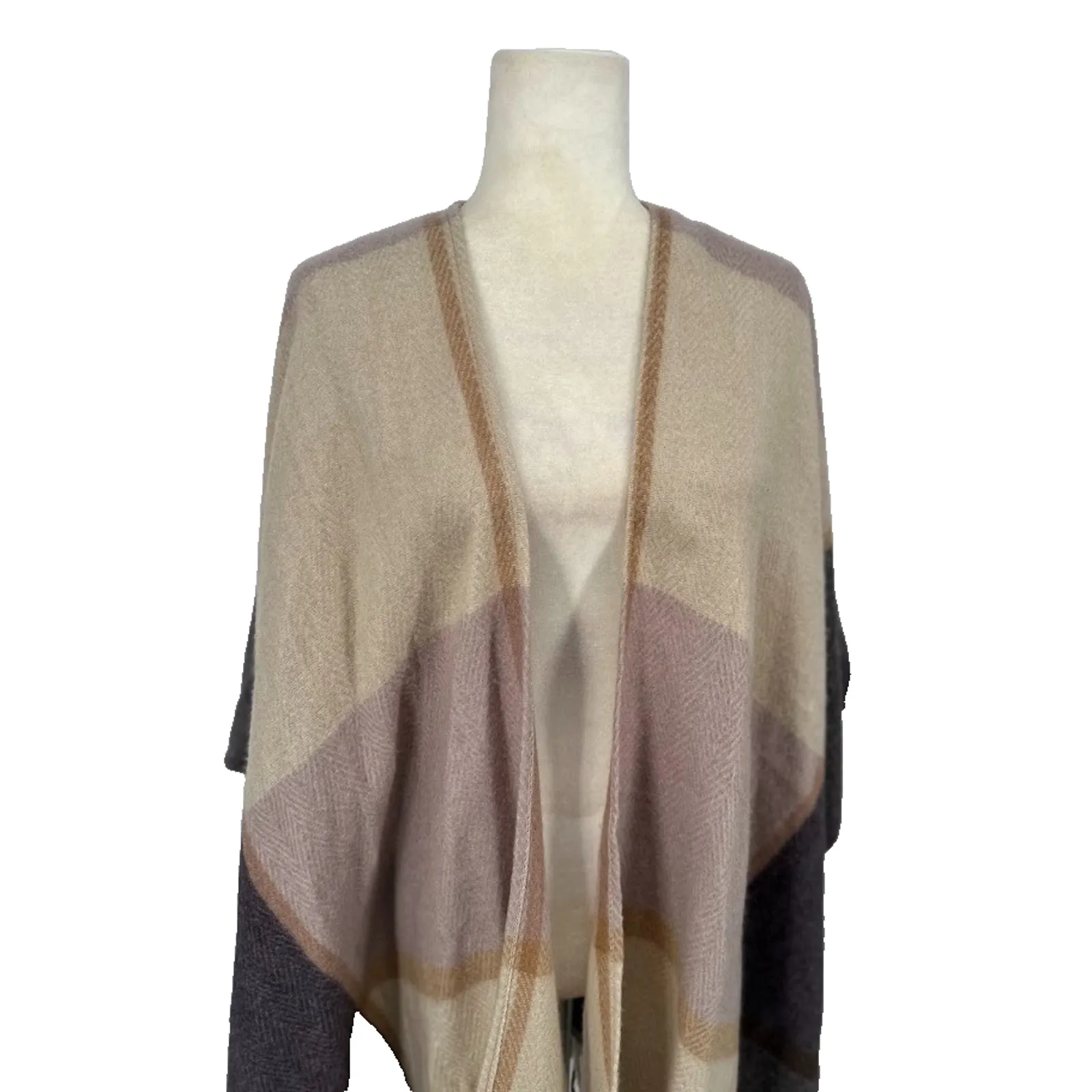 Woolrich Sweater Poncho Women's One Size Plaid Shawl Open Fringe Cardigan Top - Image 2