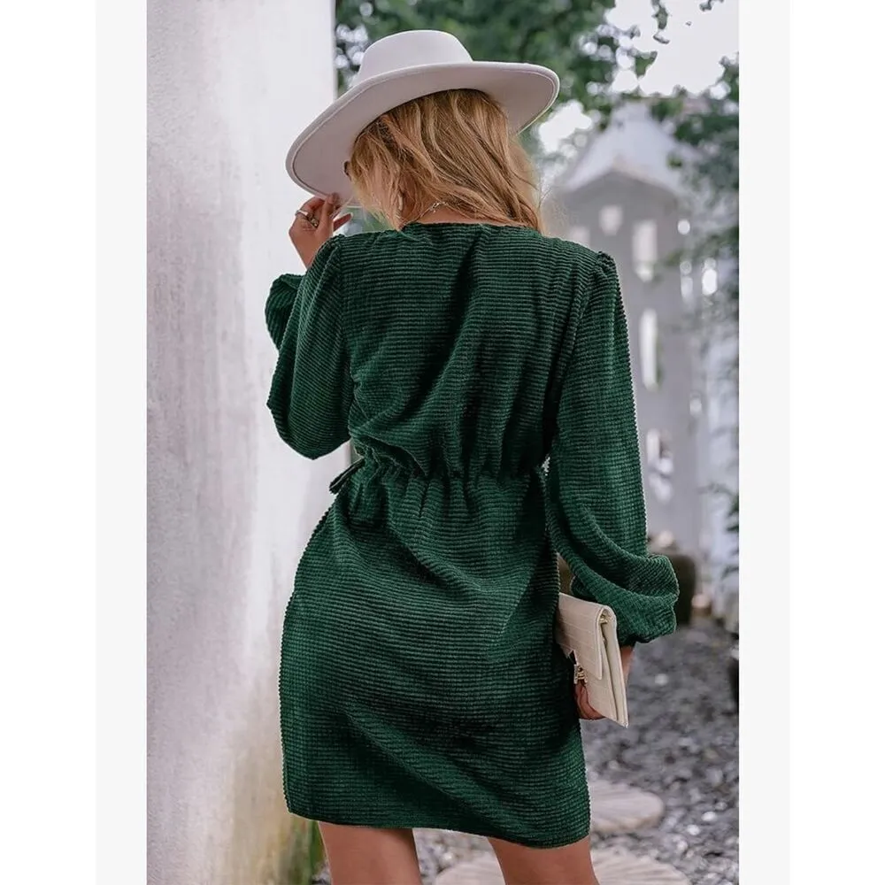 NEW Green Long Sleeve Wrap Waffle Velvet Mini Dress S - Image 2
