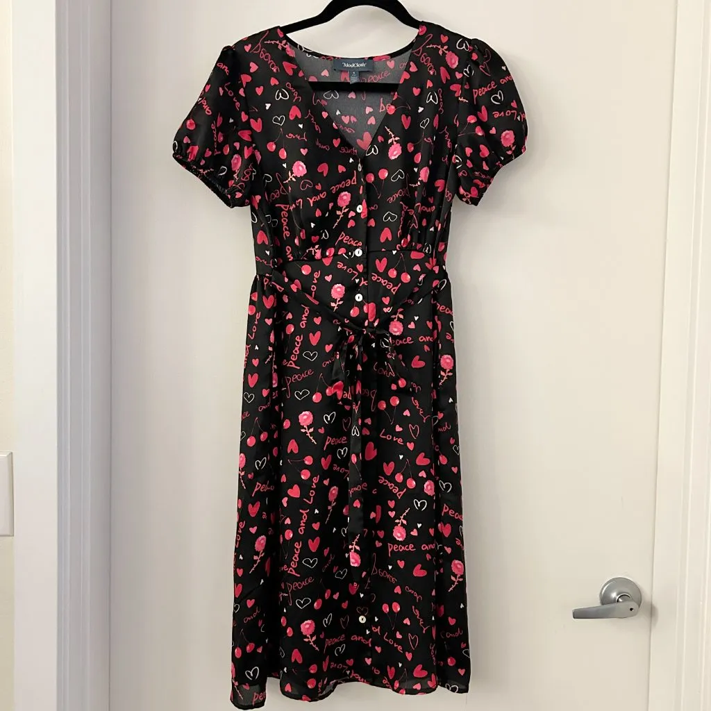 Modcloth Peace and Love Heart Cherry Button Down A-Line Dress Size S - Image 2