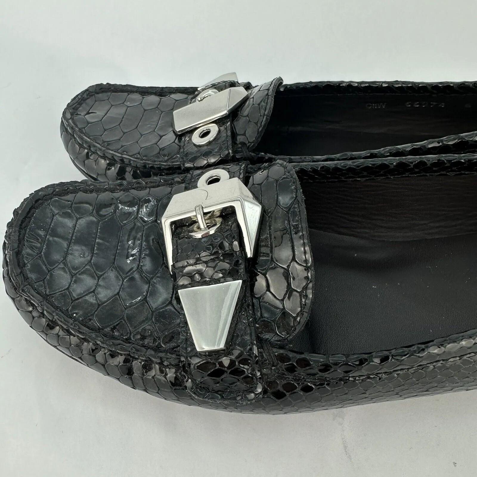 Stuart Weitzman Women’s  Black Leather Snake Skin Loafers Buckle - Image 7