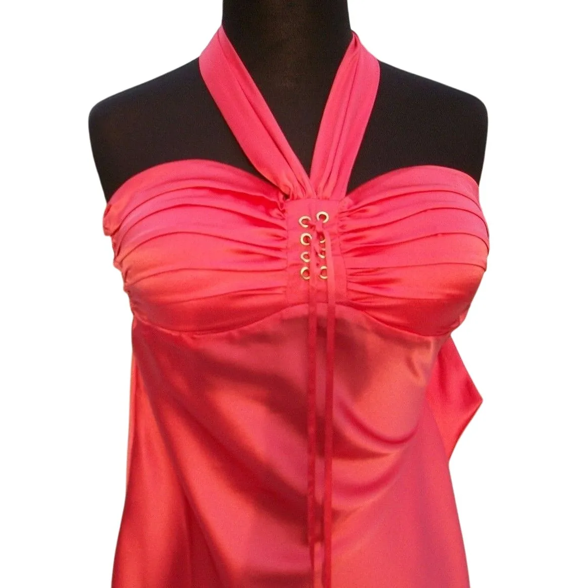 Cache Coral Silk Ruched Lace Up Halter Top New Built In Bra Stretch NWT $98 - Image 3