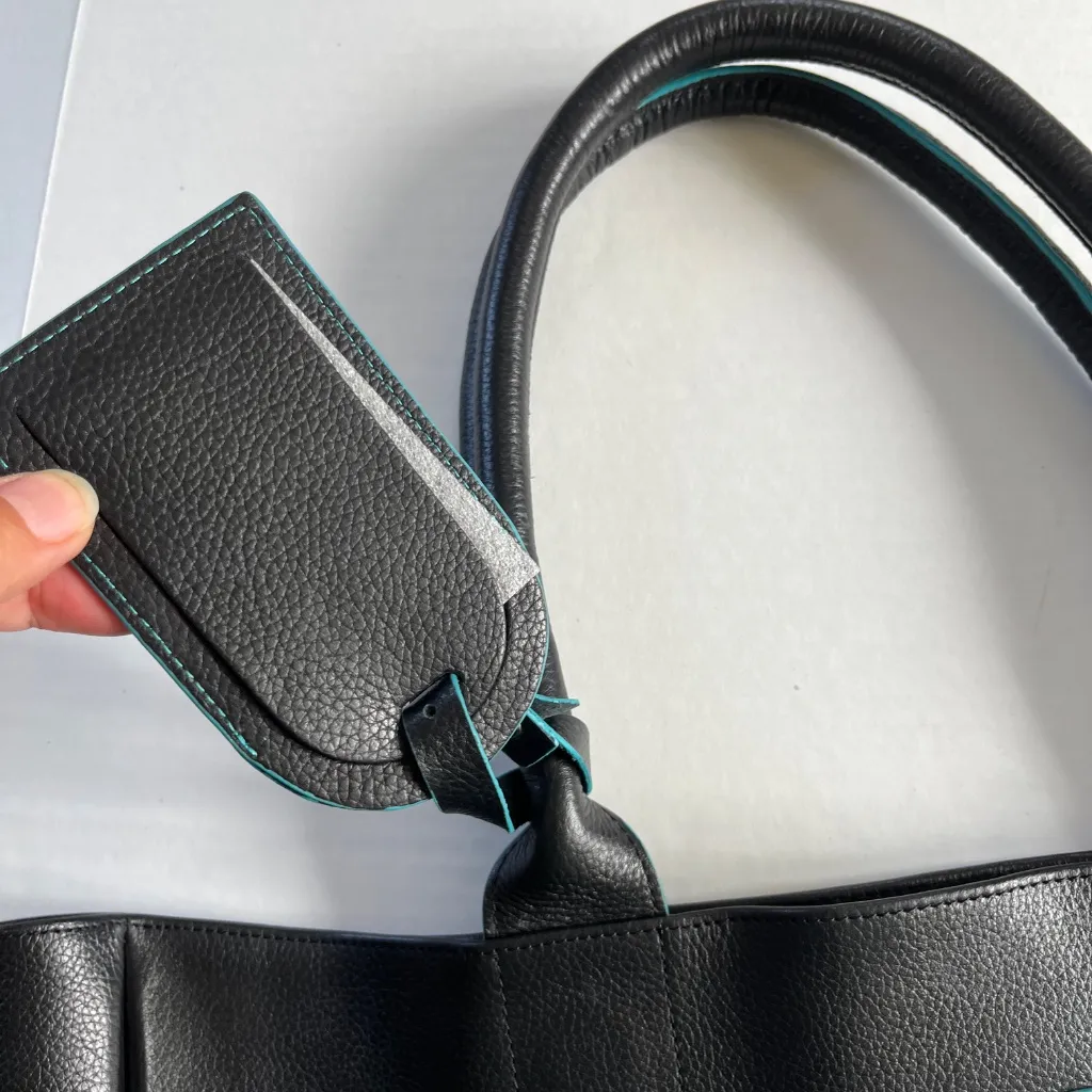 Black Deertan‎ Cowhide Leather Tote Bag Teal Trim Classic Minimalist Purse - Image 7
