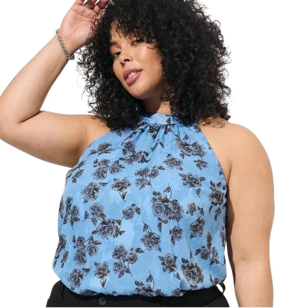 Torrid Romantic Rose Blue Floral Print Chiffon Mock Neck Halter Top Size 5X - Image 2