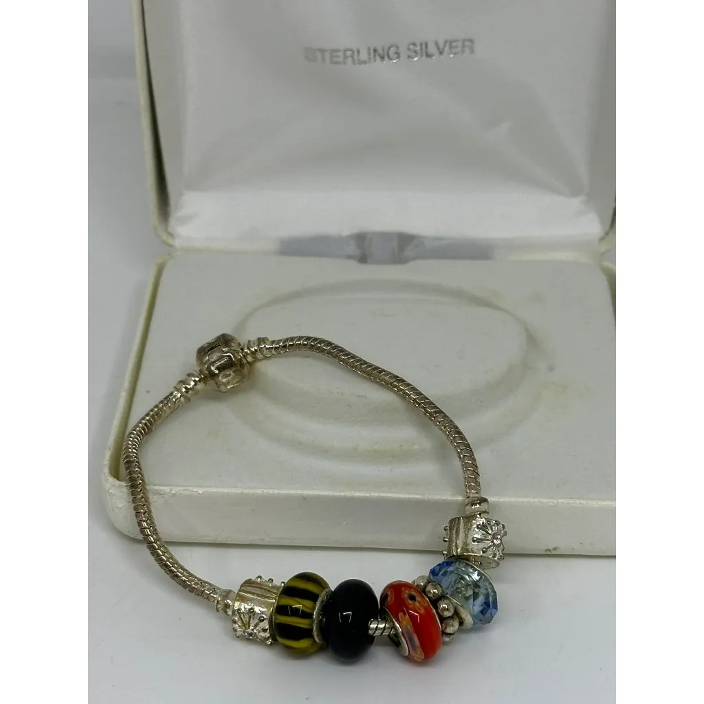 Sterling Silver Bead Charm Bracelet Glass Beads 7.5" European Snake Chain w/ Box - Image 4