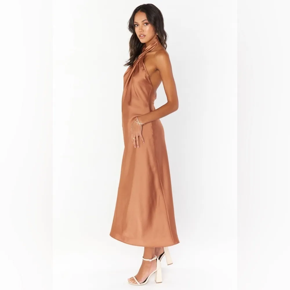SHOW ME YOUR MUMU Jasmine Halter Midi Dress In Copper Luxe Satin - Image 5