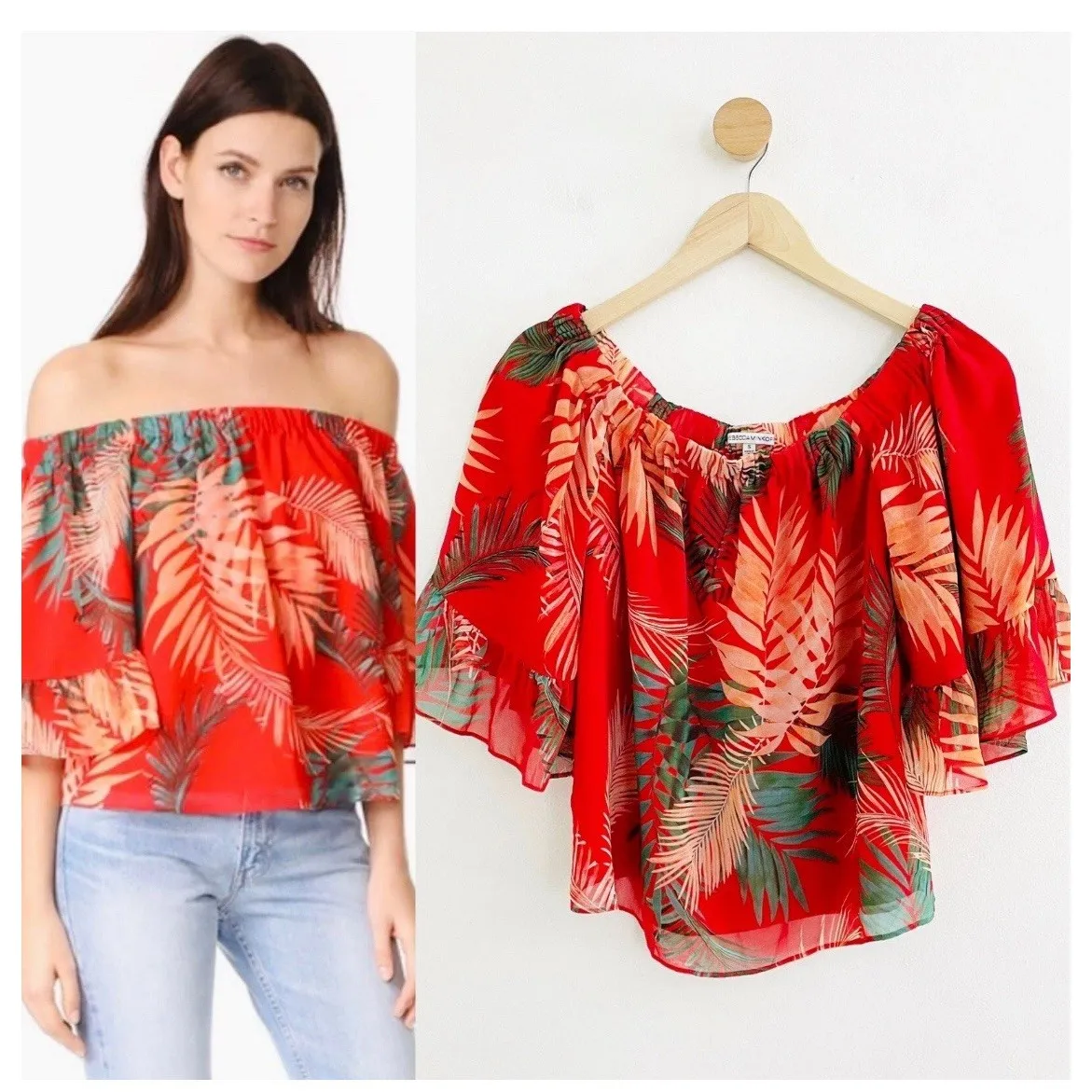 Rebecca Minkoff Women's Red Floral Faith Off‎ Shoulder Top Size Large Tropical - Image 11