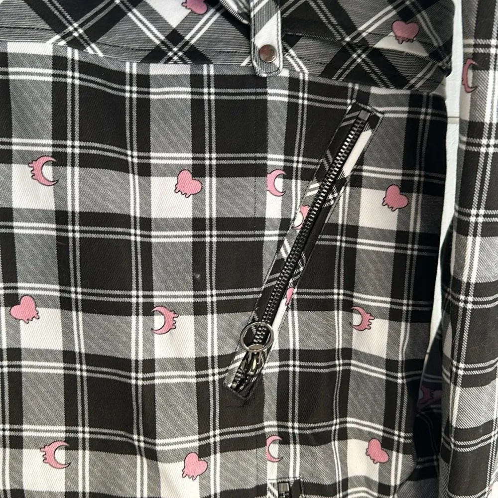 BlackMilk Tartan Heart Moto Jack Women's Size 12 Black Pink Plaid Biker NEW - Image 5