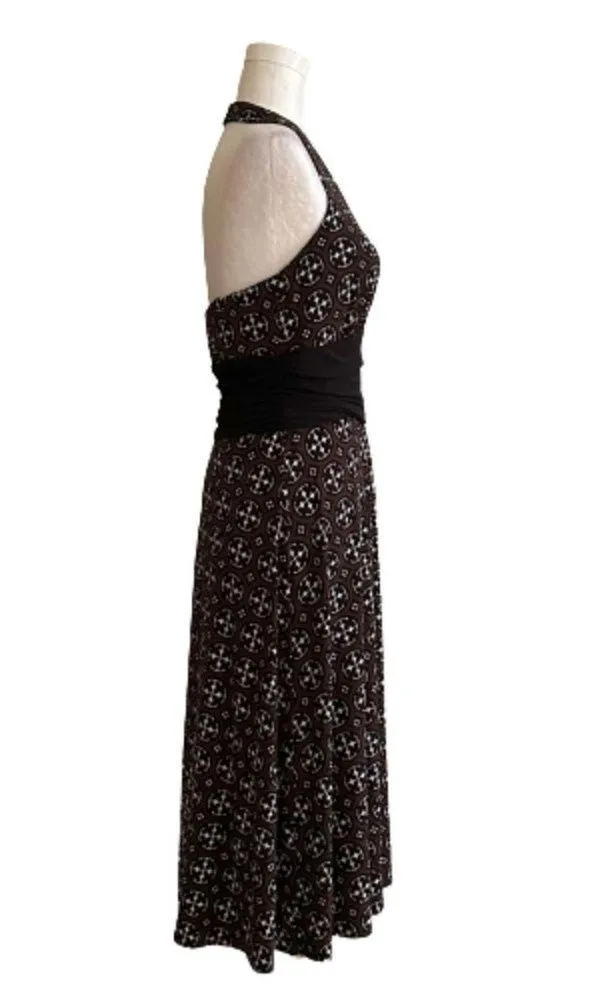 Donna Morgan Dress Halter Brown Black White Print Ruched Waist Dress Size 8 NEW - Image 4