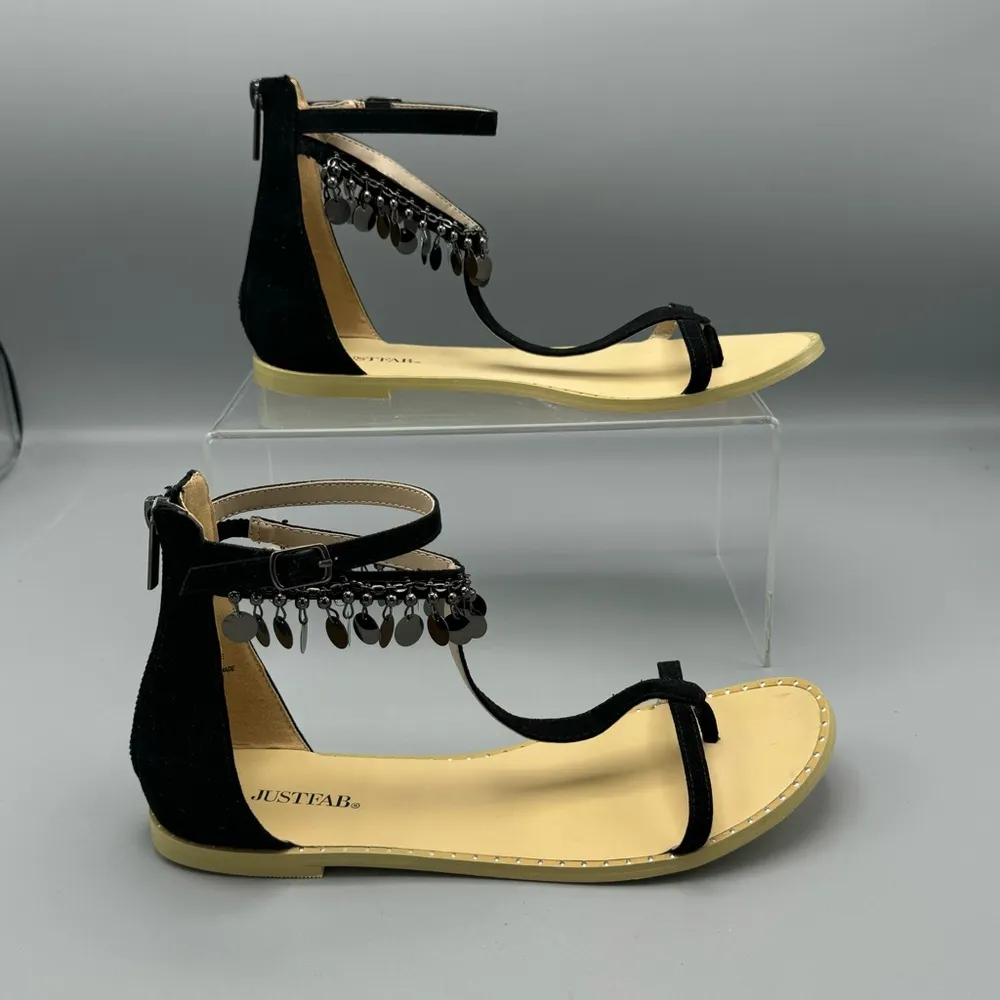 Just Fab Black Savlana Embellished T-Strap Sandals Women's Sz 10 Zipper Back - Image 4