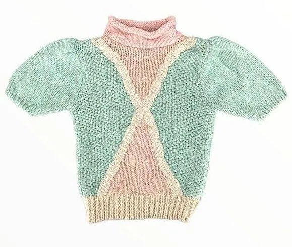 80s Vintage Pastel Colorblock Short Puff Sleeve Mock Turtleneck Sweater XS - Image 1