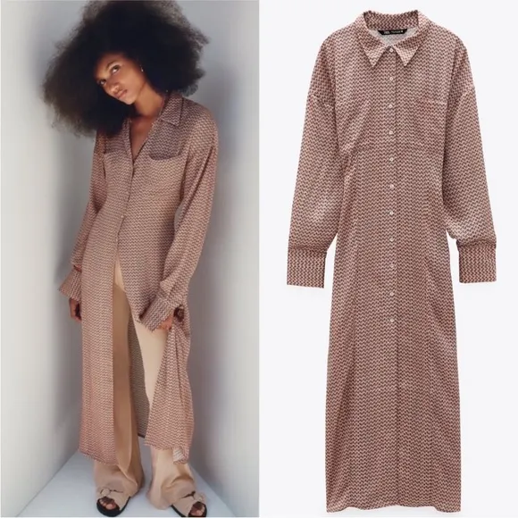 Zara Satin Effect Floral Print Button Front Shirt Dress Long Sleeve Duster Small - Image 2