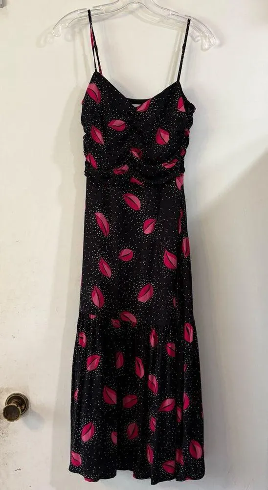 Ali & Jay Ariel Dress Midi Novelty Print Lips Sexy Black Pink XS Ruched Dot - Image 7