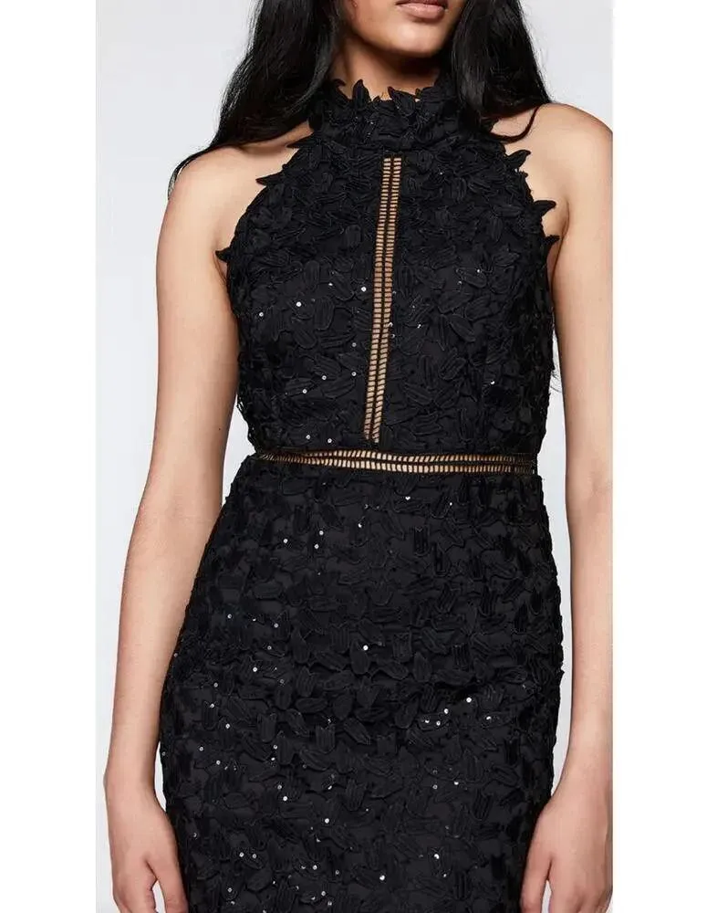 NWT! Bardot Sequin Leaf Lace Dress In Black Sz 2 - Image 2