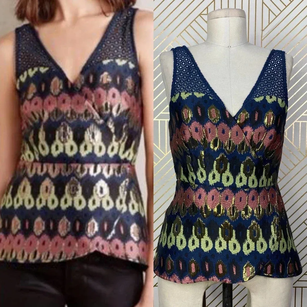 Anthropologie HD in Paris Yana Jacquard Top Blouse‎ Peplum Metallic Blue Size 2 - Image 2