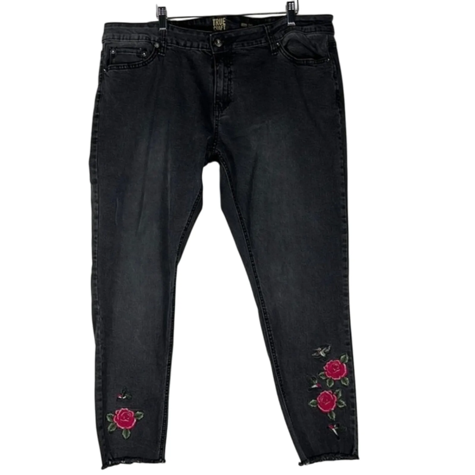 True Craft Jeans Womens 20 Washed Black Floral Embroidered Skinny Frayed Hem - Image 2