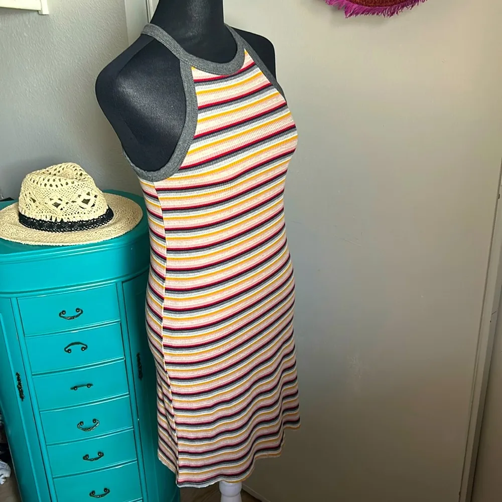 New Striped Ribbed Halter Knit Racerback Summer Vacation Cover Up Tank Dress Gray - Image 3