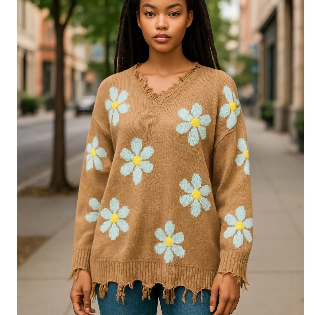 Just Polly New York Brown w/ Daisy Sweater SZ L Distressed V - Image 2
