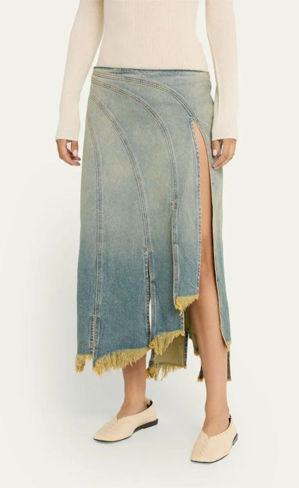 $450 NEW WITH TAGS EB DENIM Split Denim Midi Skirt‎ ( S ) Blue - Image 2